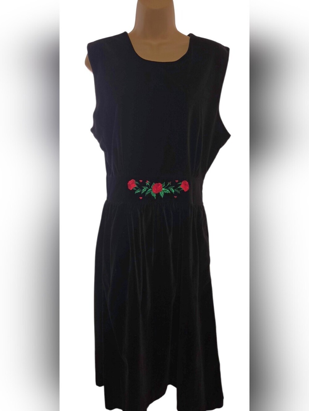 Black Velvet Midi Dress with Red Rose Embroidery - Sleeveless